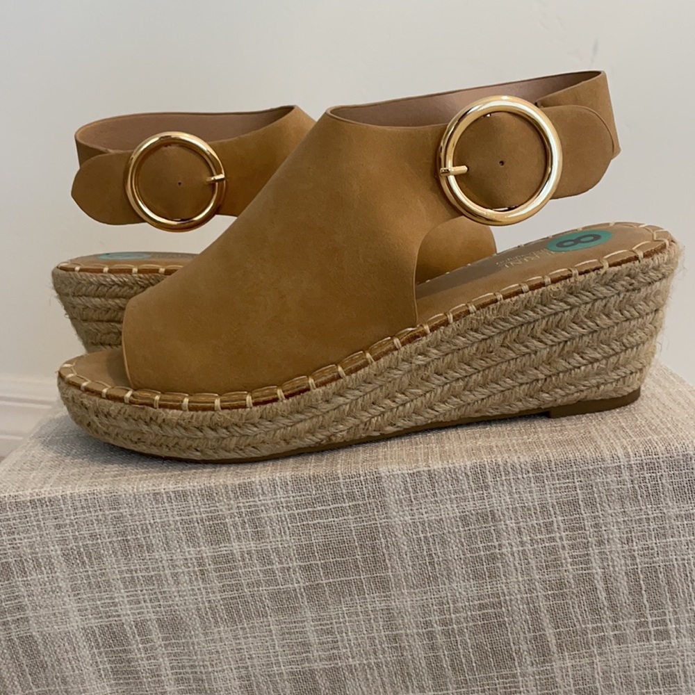 COPY - Catherine Malandrino tan espadrille platform sandals.